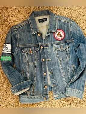 Lucky Brand Distressed Blue Denim Jacket with Embroidered Patches